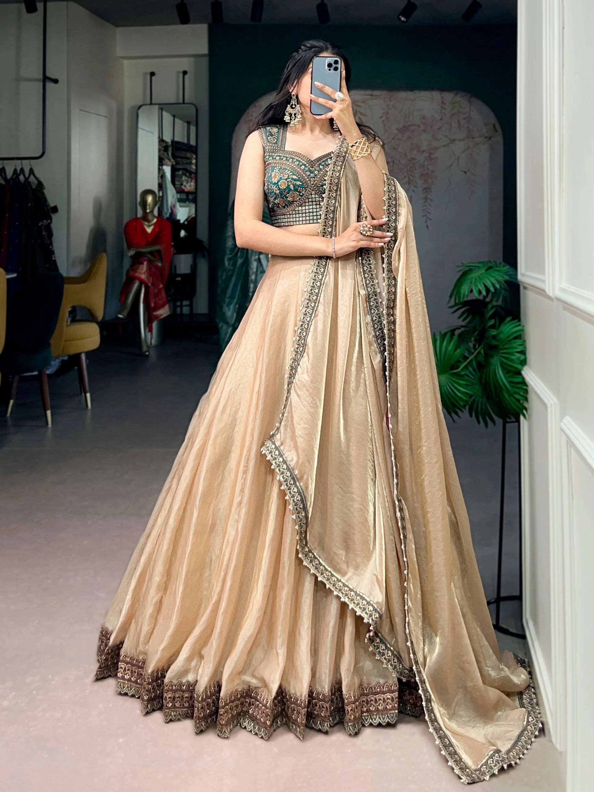 Champagne silk lehenga choli full length floor-sweeping flair Chicorawear