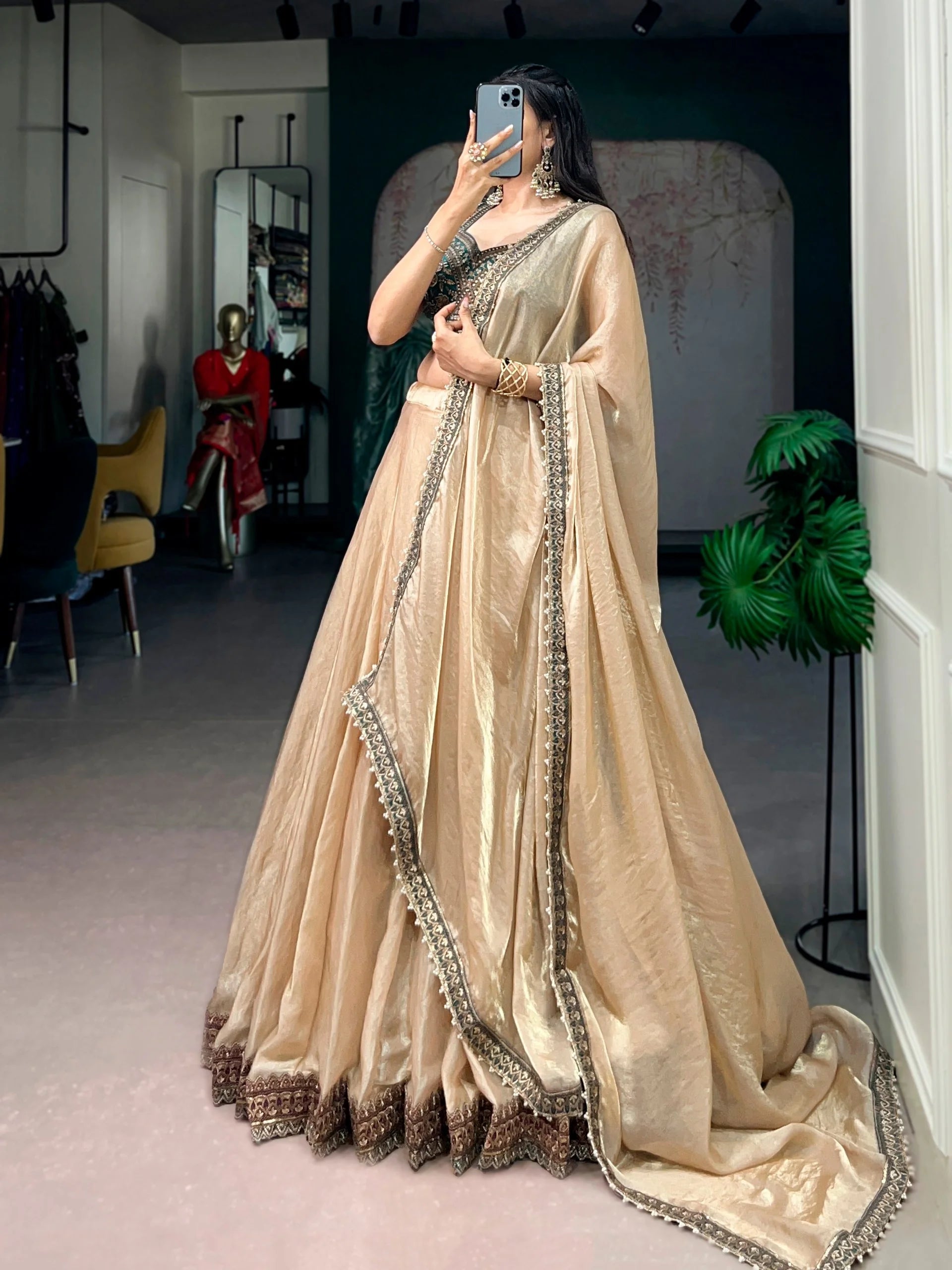 Champagne silk lehenga with matching dupatta floor length grand celebration