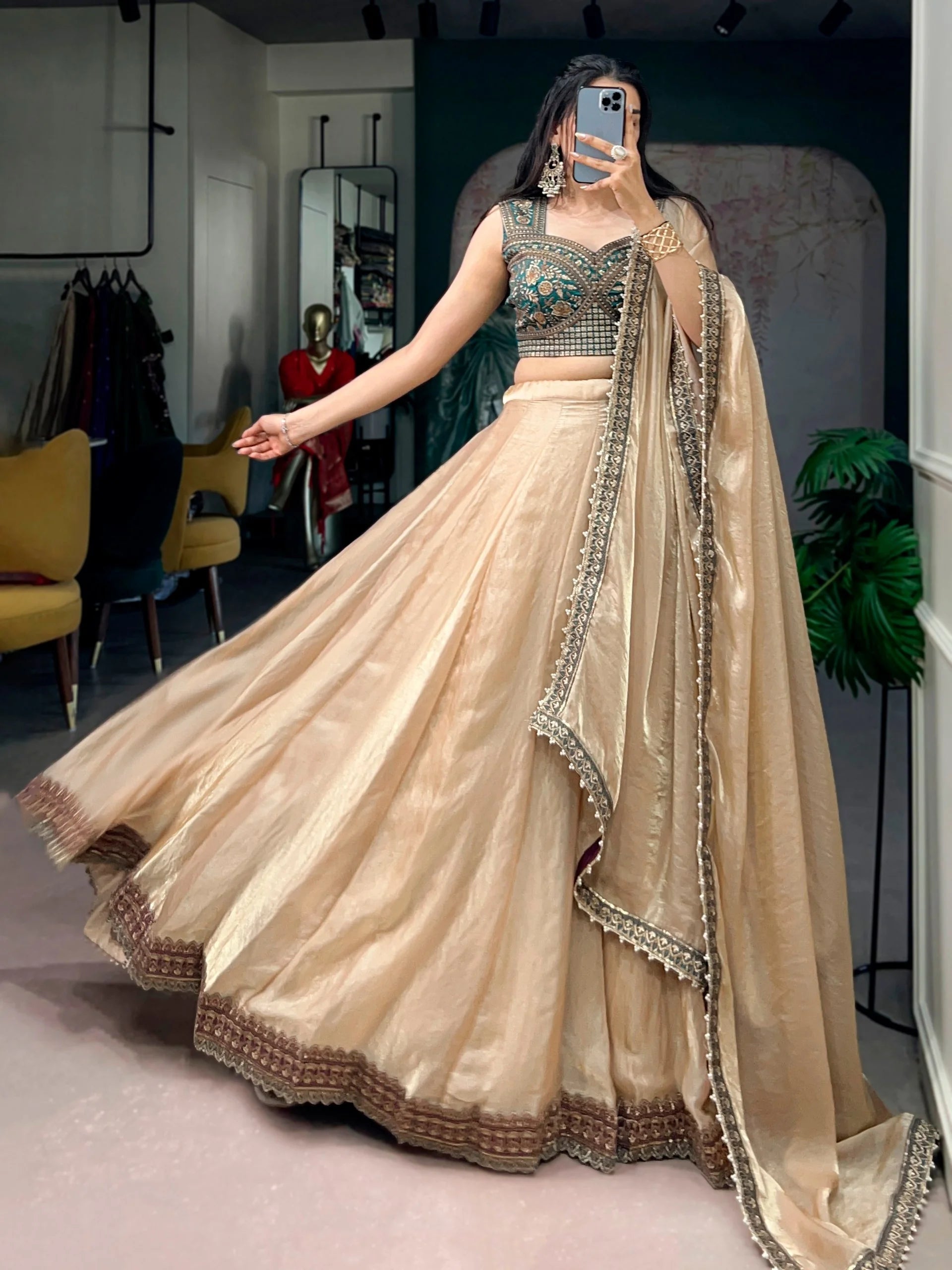 Champagne lehenga lace border detail 4-metre flair bridal wedding