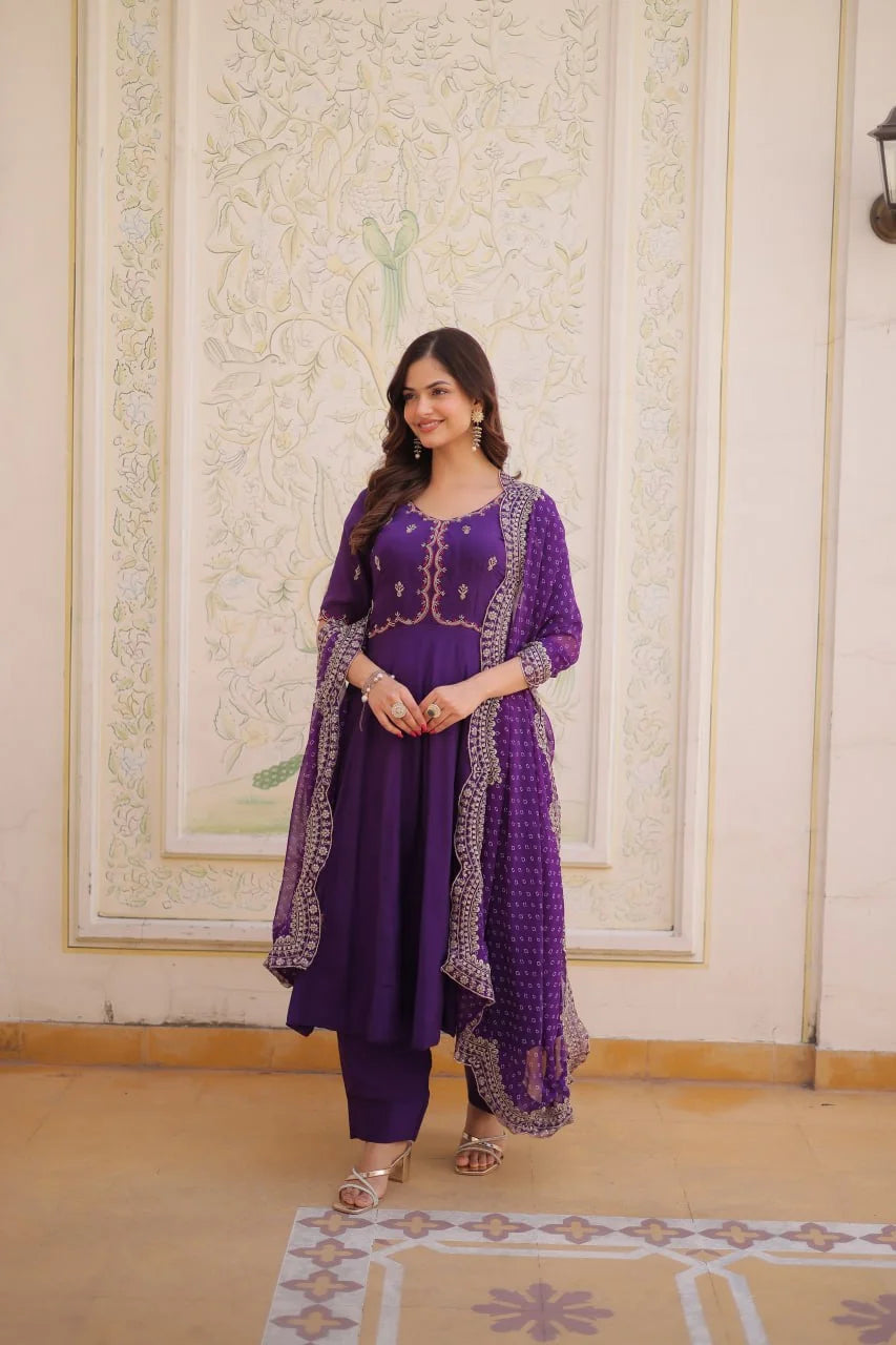 purple chanderi kurta set with bandhani dupatta full view