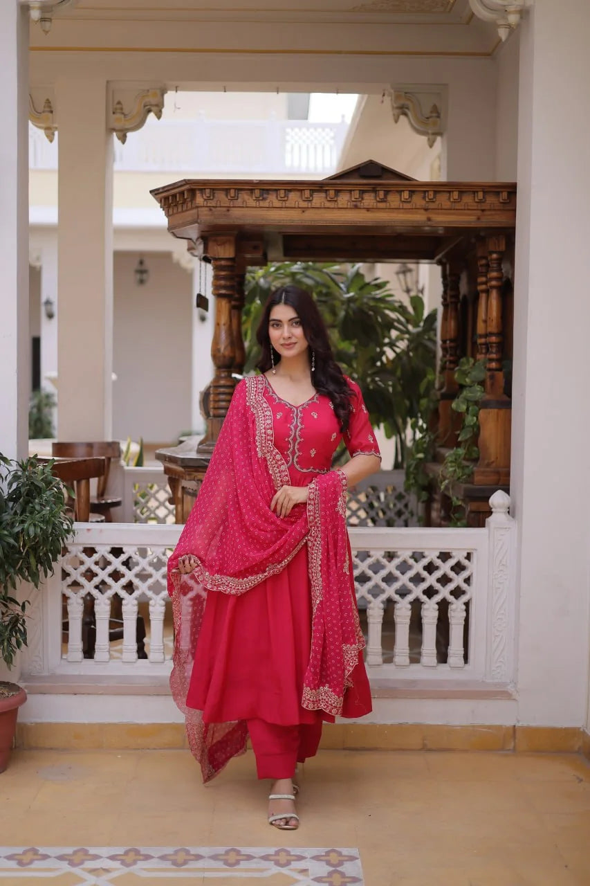 rani pink chanderi kurta set with dupatta full front view