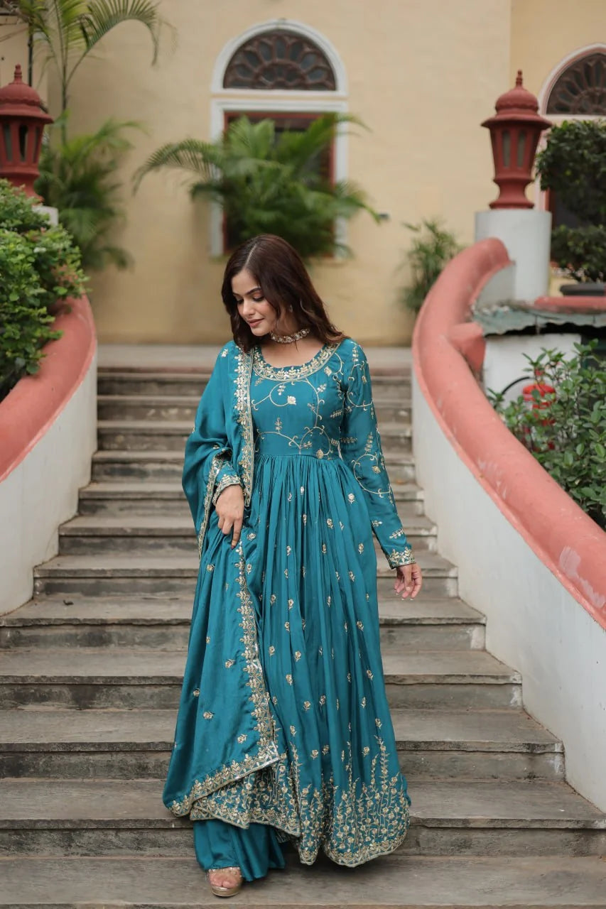 olive green chinon sharara suit dupatta flare detail