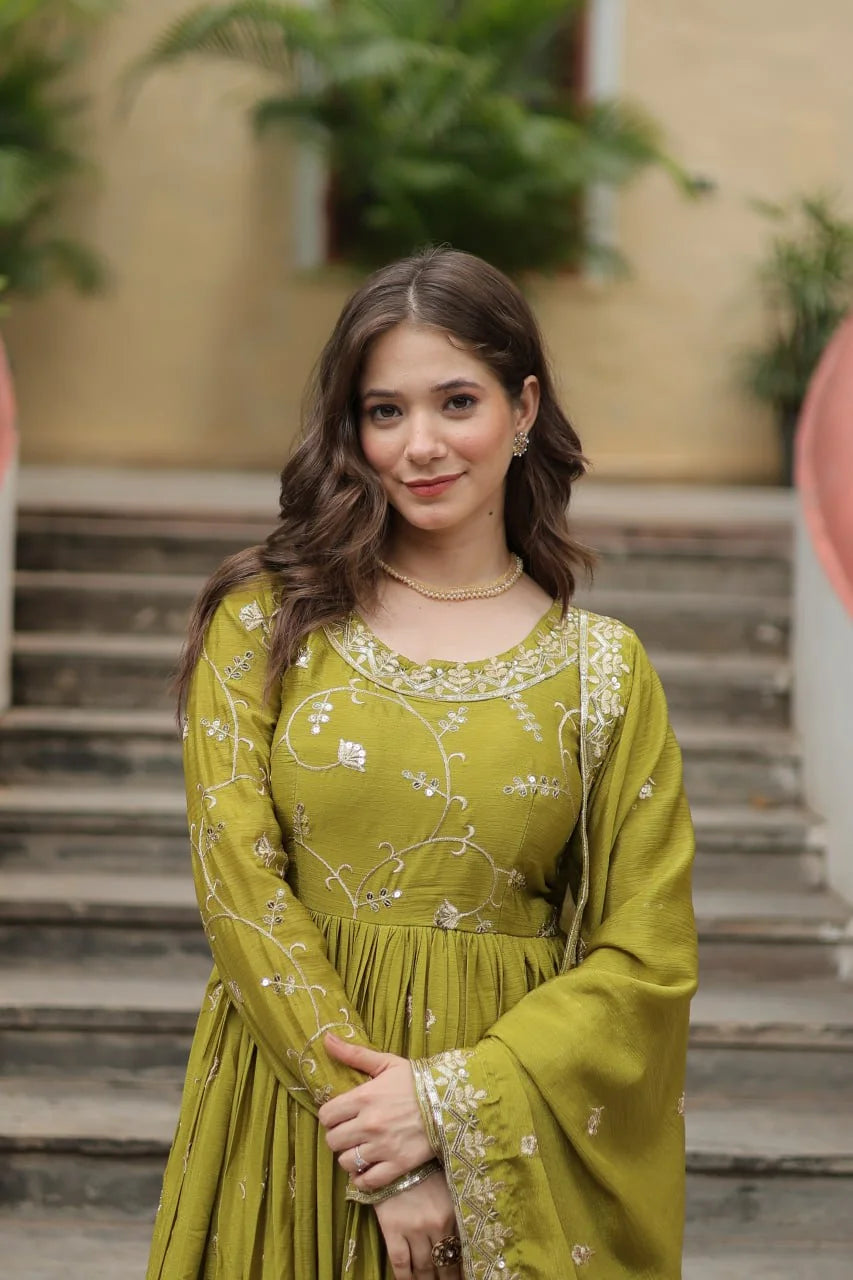 olive green chinon sharara suit neckline sequin embroidery closeup