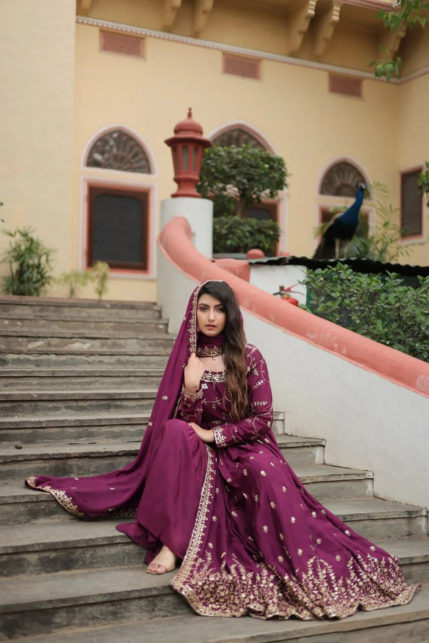 wine purple chinon sharara suit for women bridal seated pose