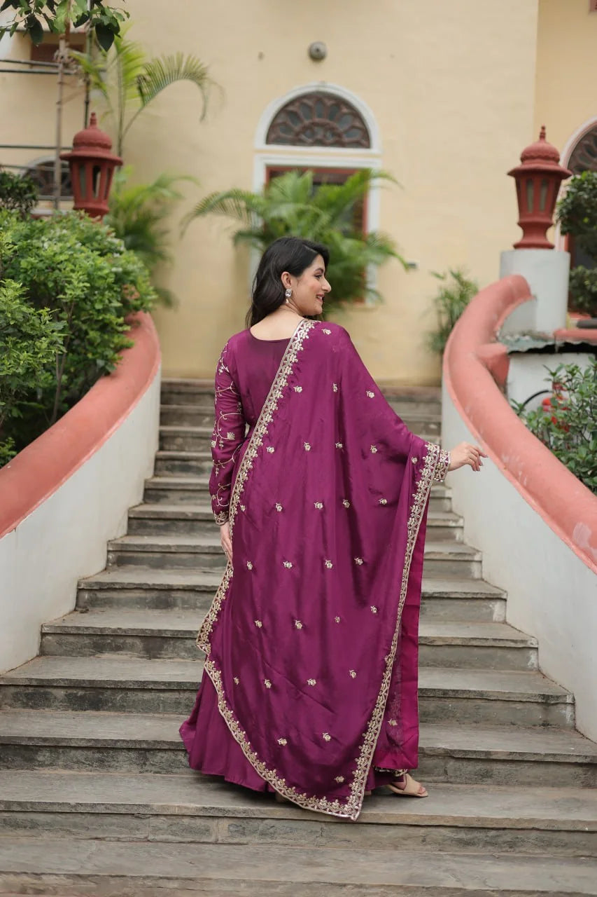 wine purple chinon sharara suit dupatta back view