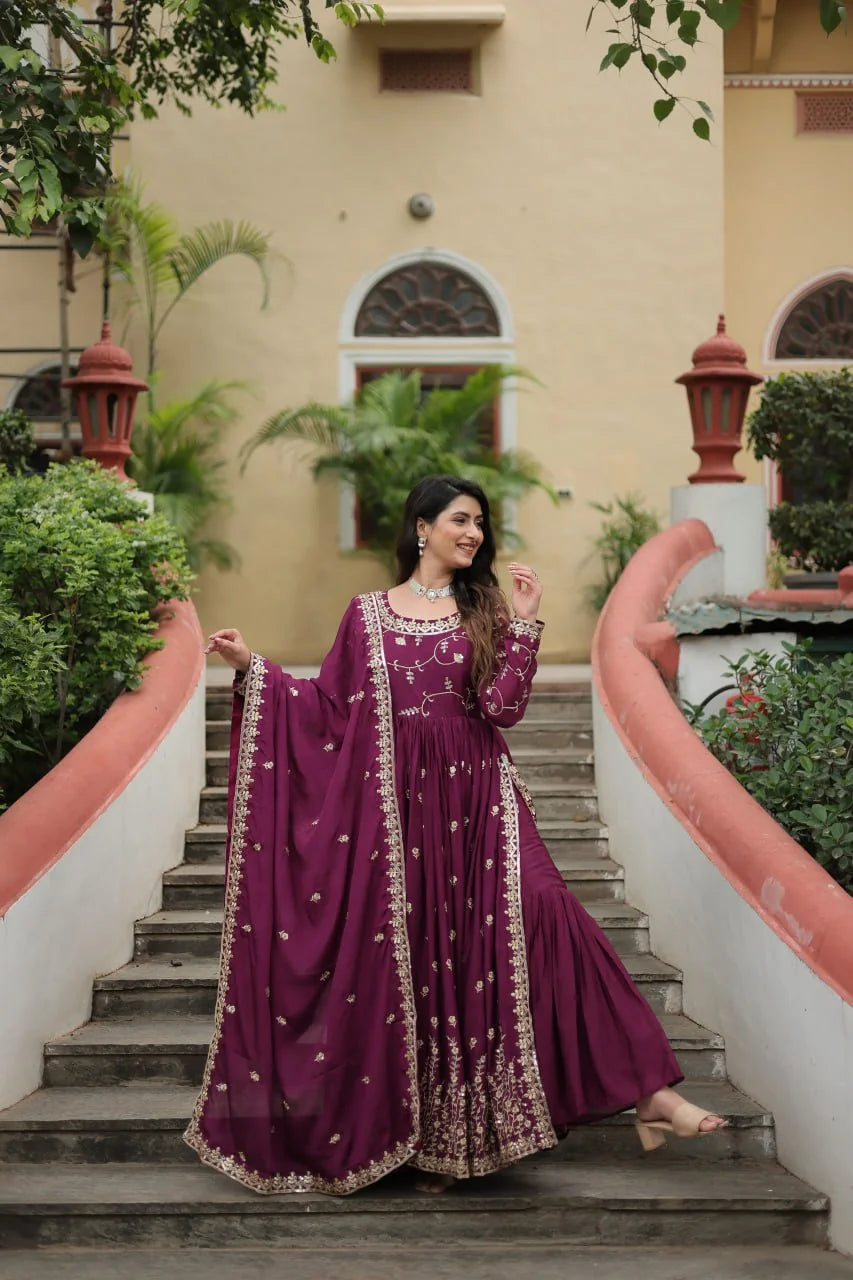 wine purple chinon sharara suit for women festive full length