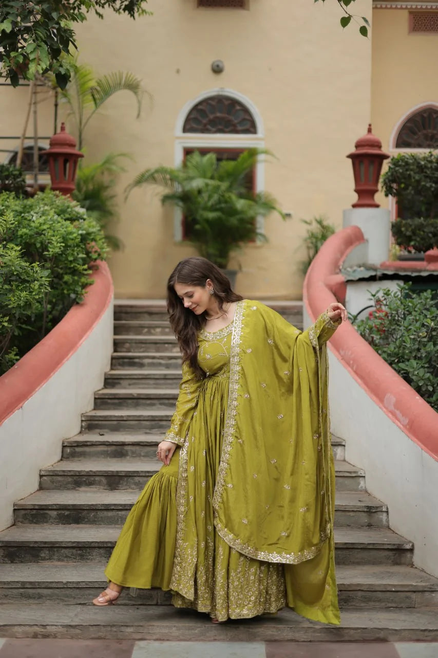 wine purple chinon sharara suit for women party wear standing