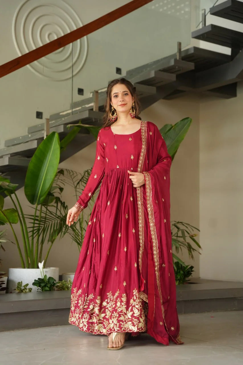 rani pink anarkali gown with dupatta front view