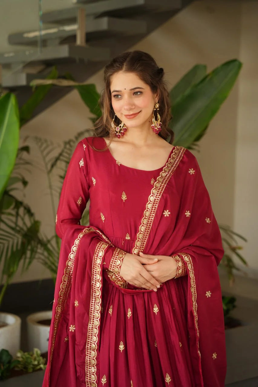 rani pink anarkali gown with dupatta neckline closeup