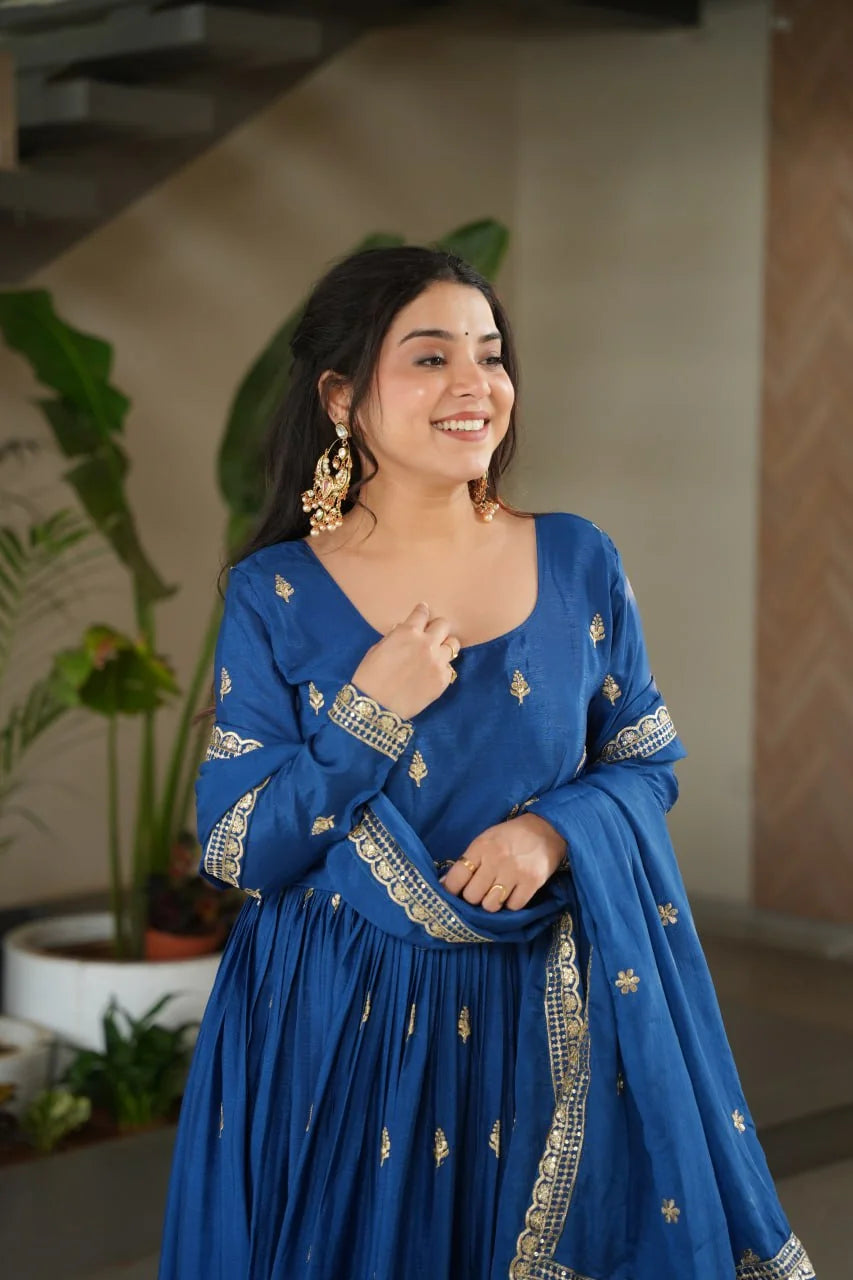 royal blue chinon anarkali gown bodice buti closeup