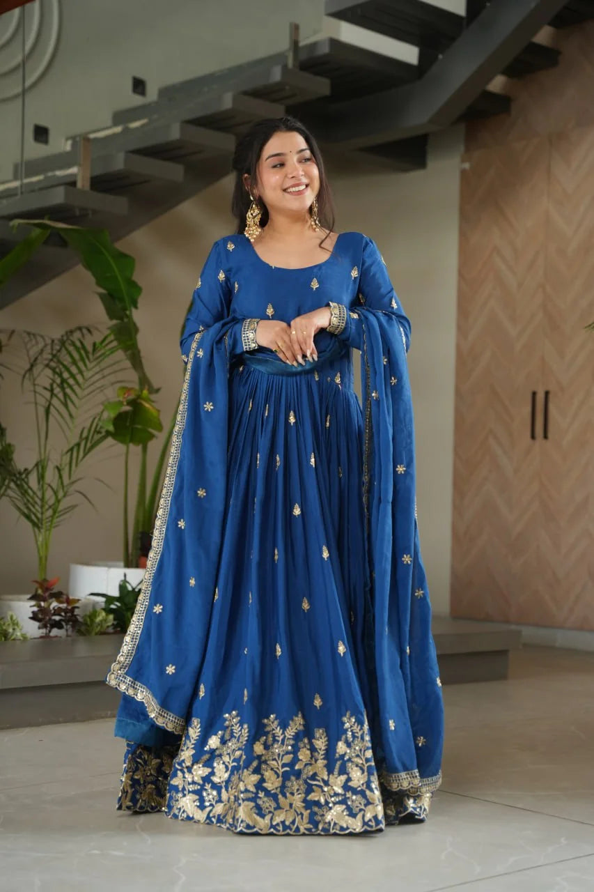 royal blue anarkali gown with dupatta front view