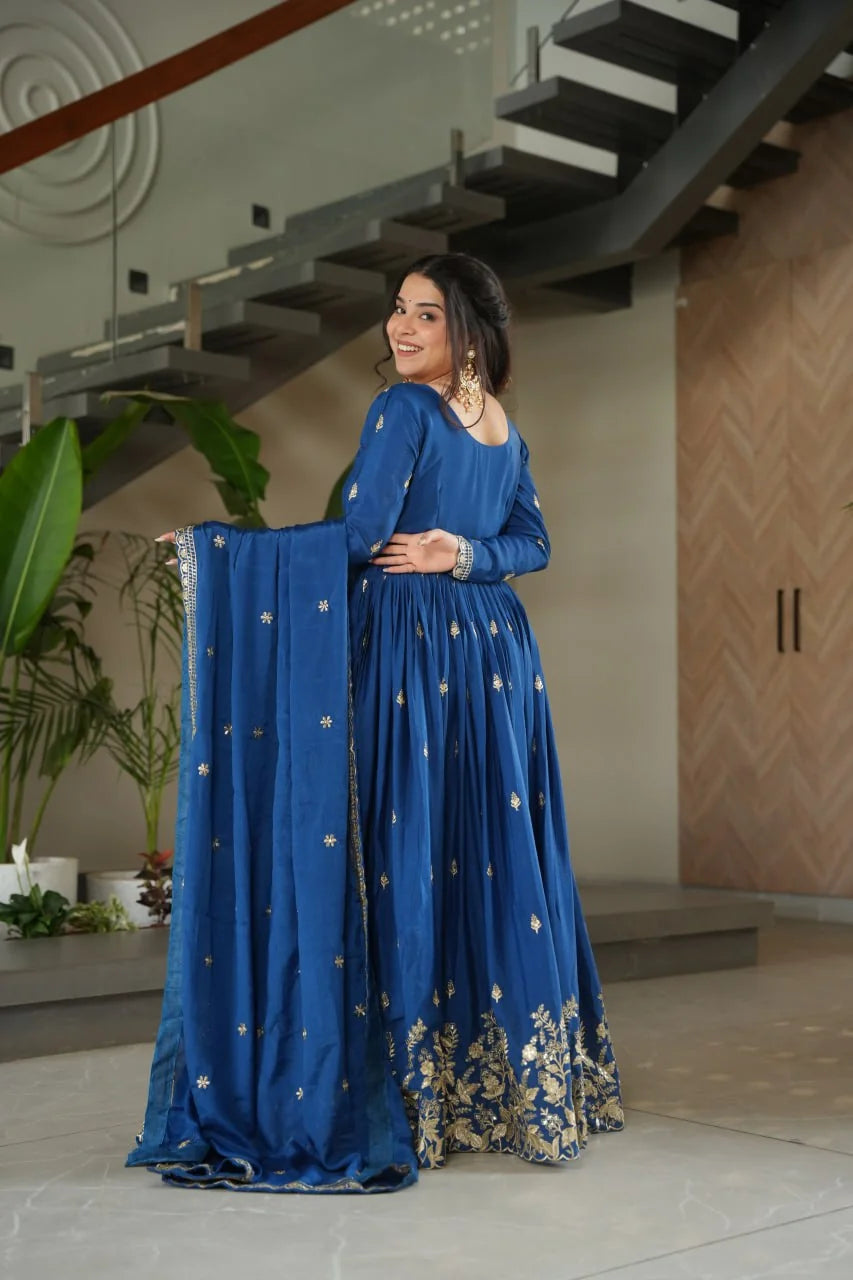 royal blue anarkali gown with dupatta twirl gold hem