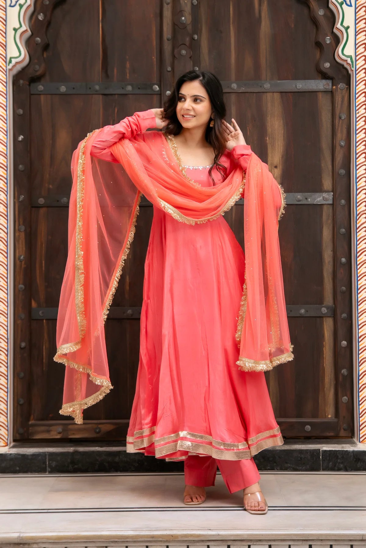 coral pink chinon anarkali set with 4-side lace net dupatta