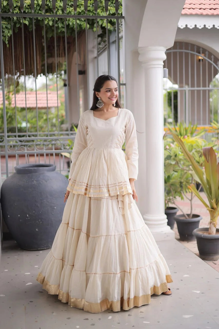 Cotton lehenga choli for women in off white with gota patti border – full front view