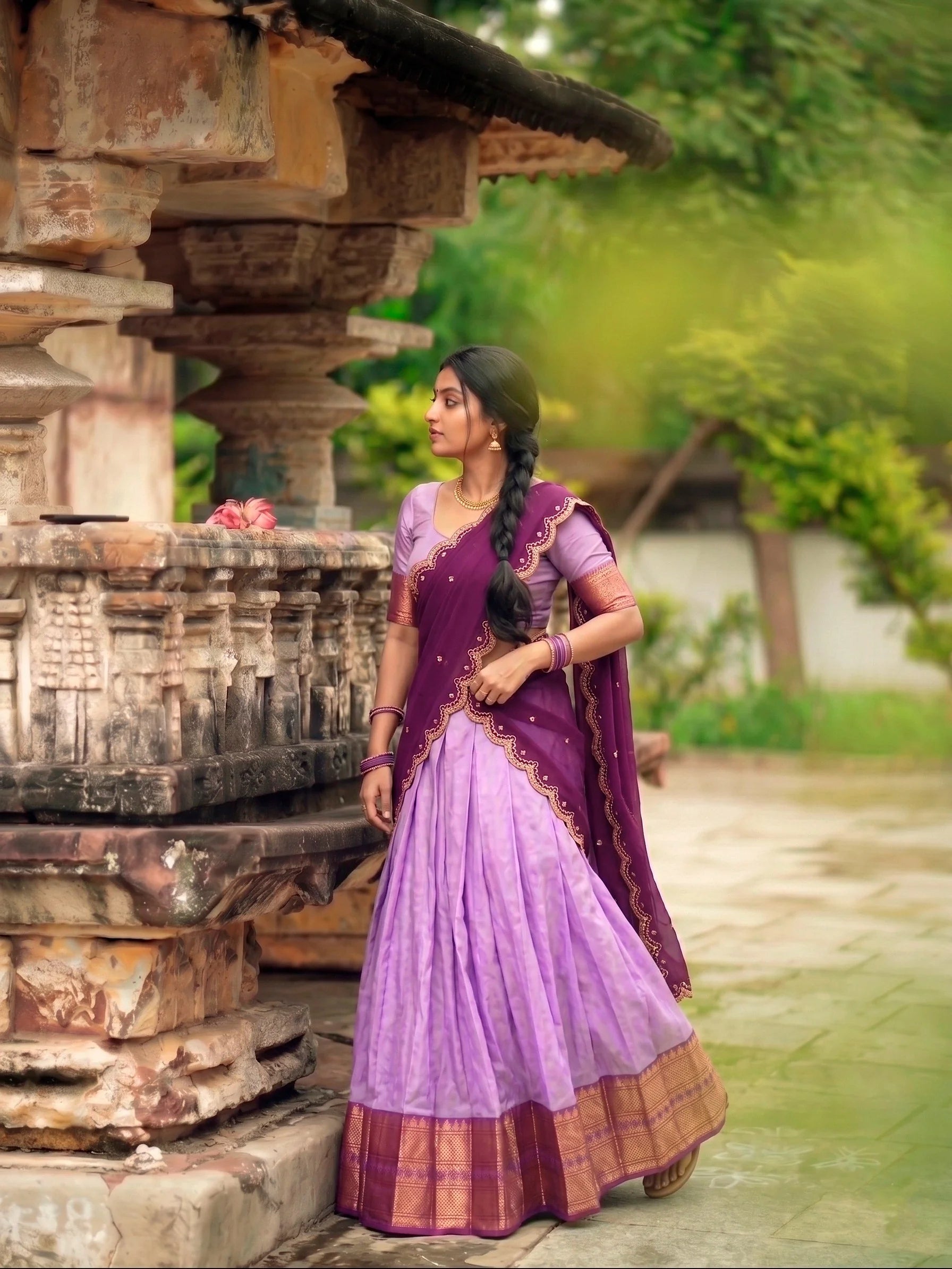 Cotton silk lehenga lavender full length standing with scalloped dupatta draped