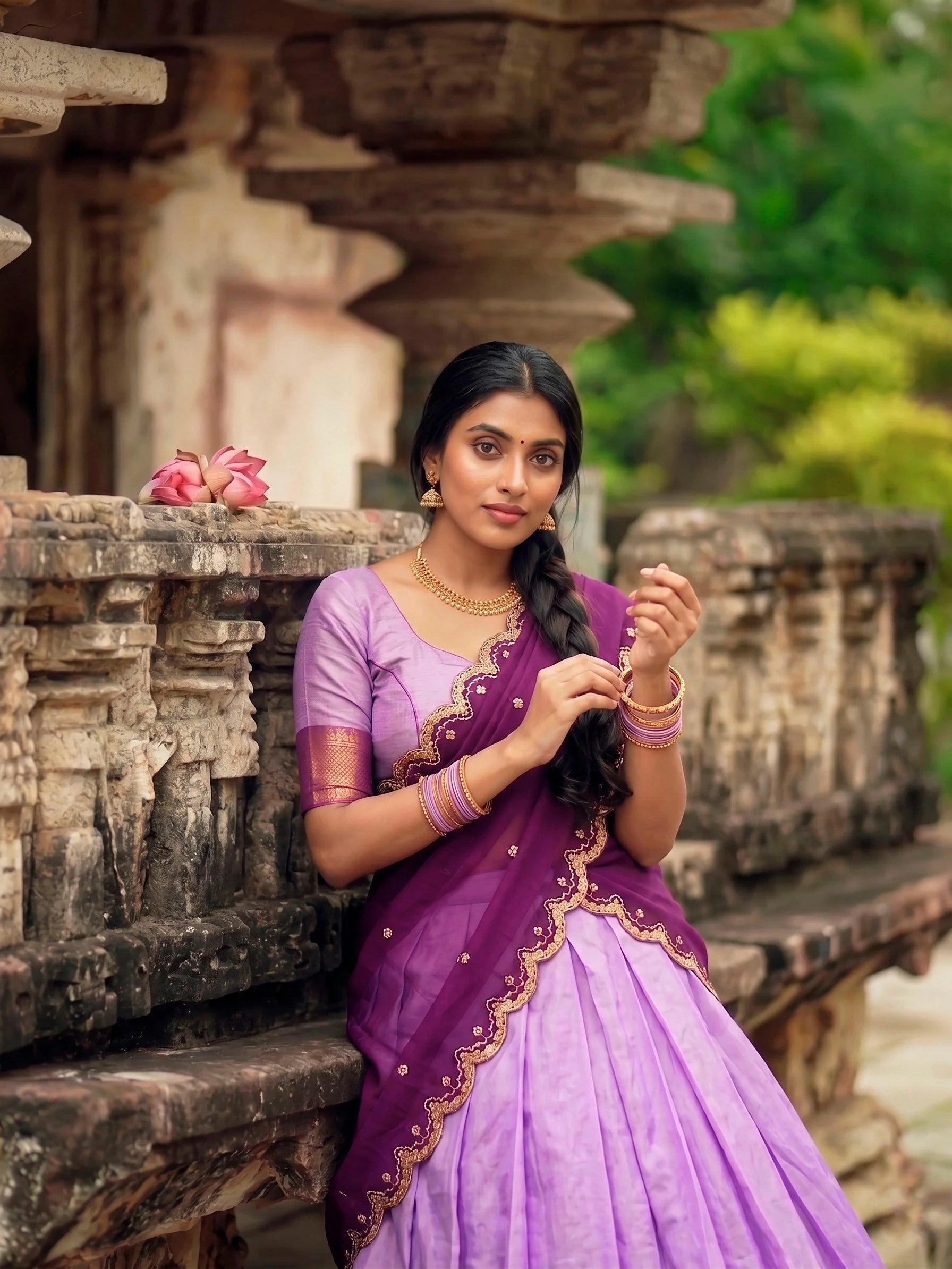Cotton silk lehenga lavender with deep purple scalloped dupatta – sitting pose