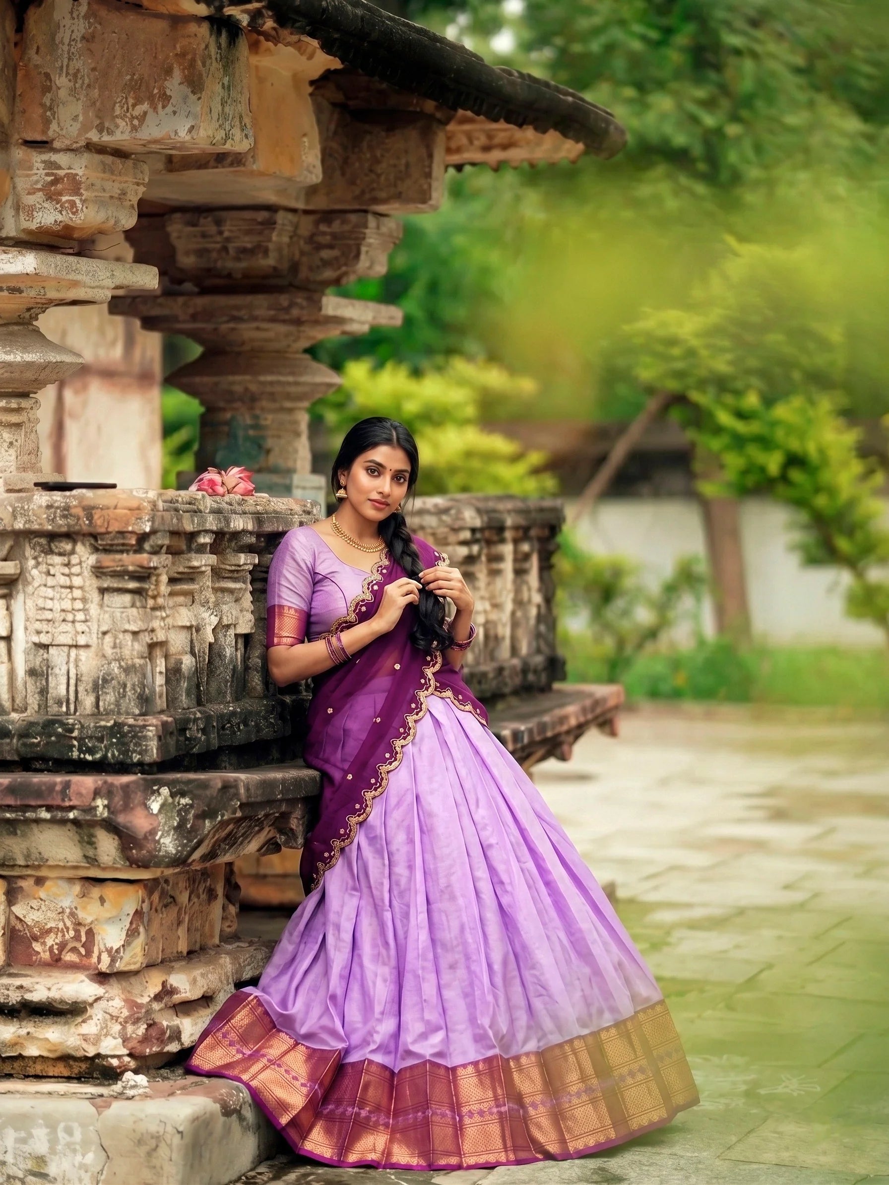 Cotton silk lehenga lavender full view showing zari border and georgette dupatta