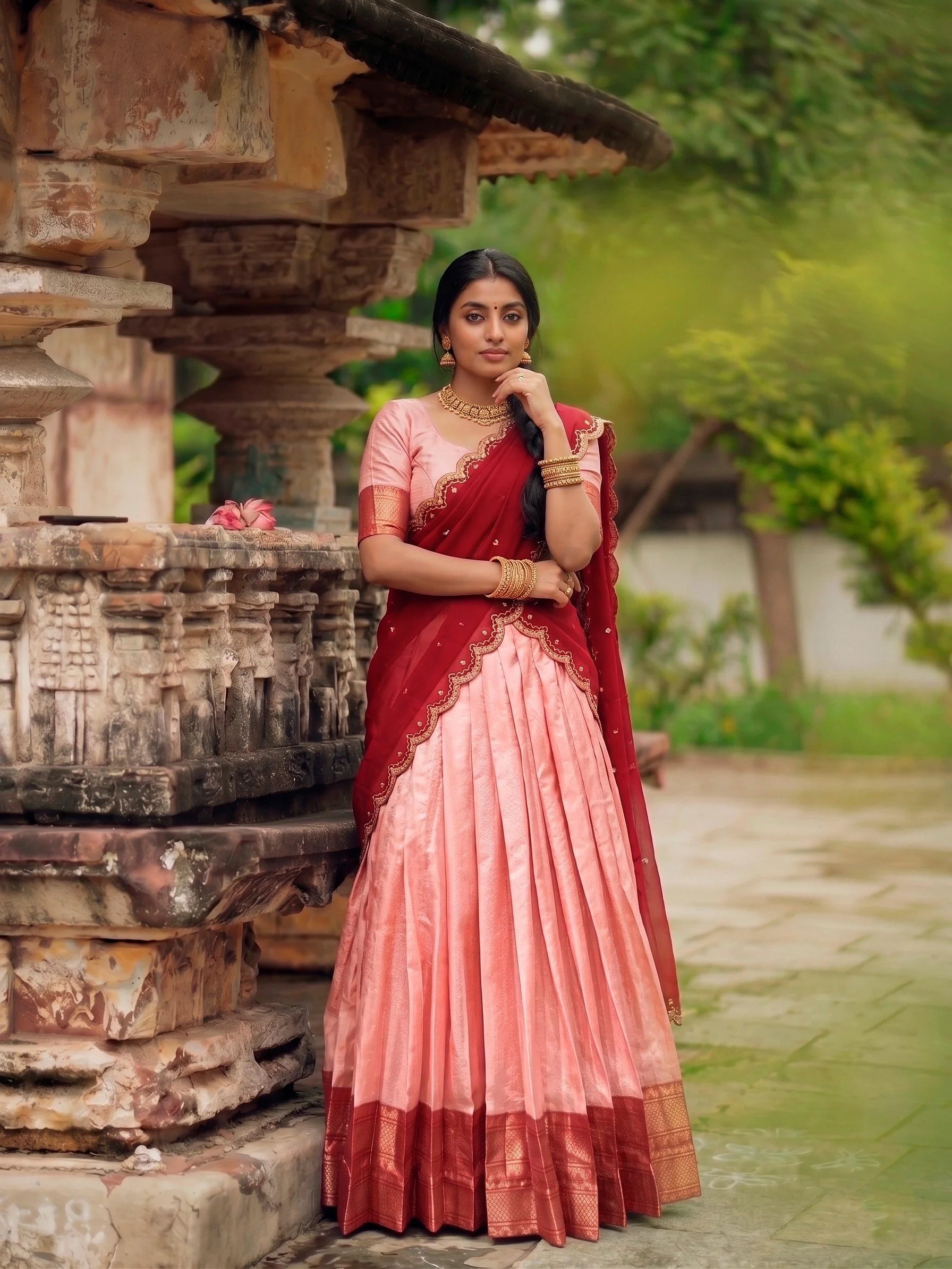 Cotton silk lehenga peach full length half saree drape with maroon dupatta
