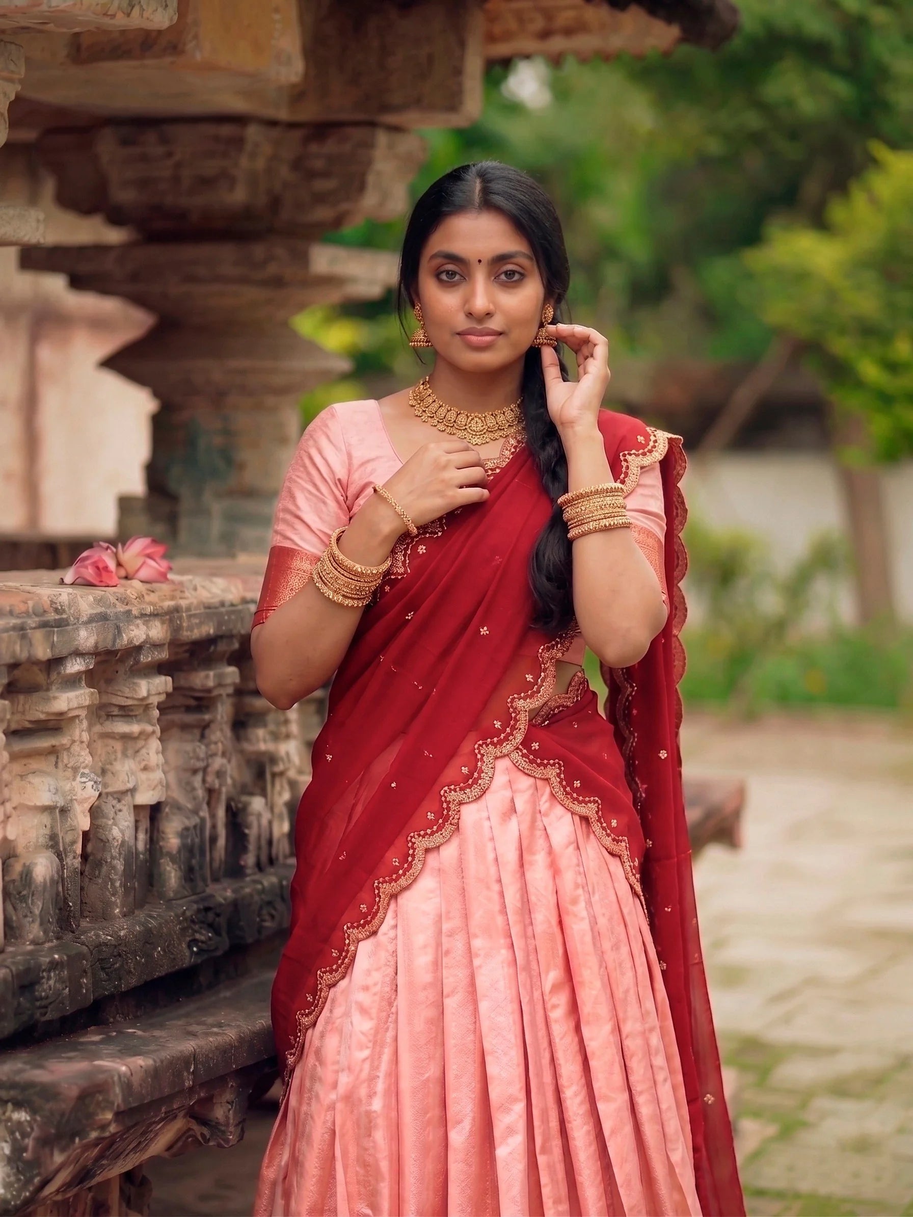 Cotton silk lehenga peach colour with maroon scalloped dupatta – close-up