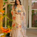 Full front view of cream multicolour floral print palazzo set with organza dupatta