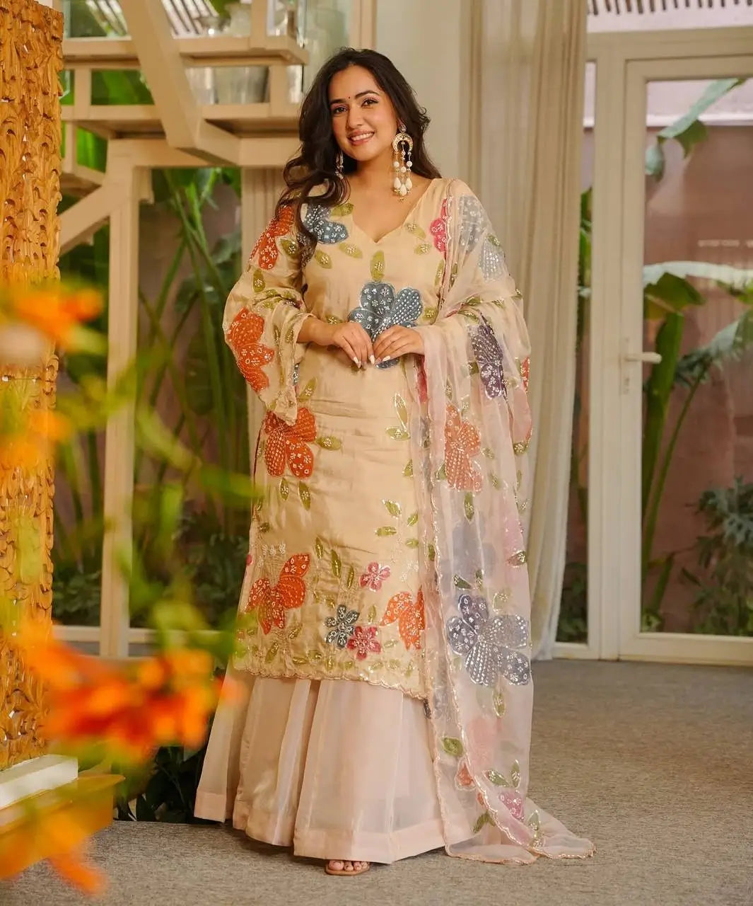 Full front view of cream multicolour floral print palazzo set with organza dupatta