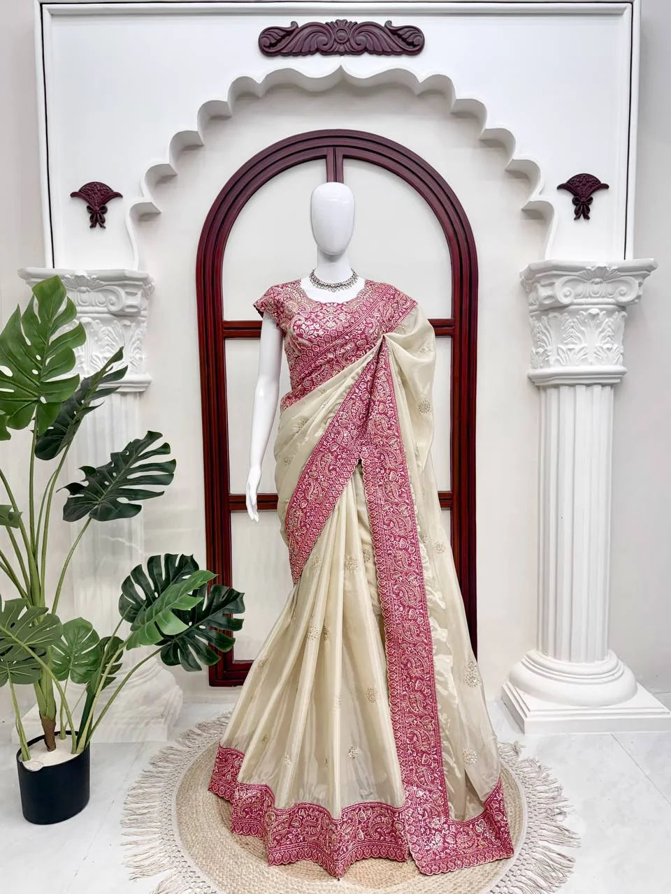 cream organza silk saree full length mannequin display rani pink embroidered border