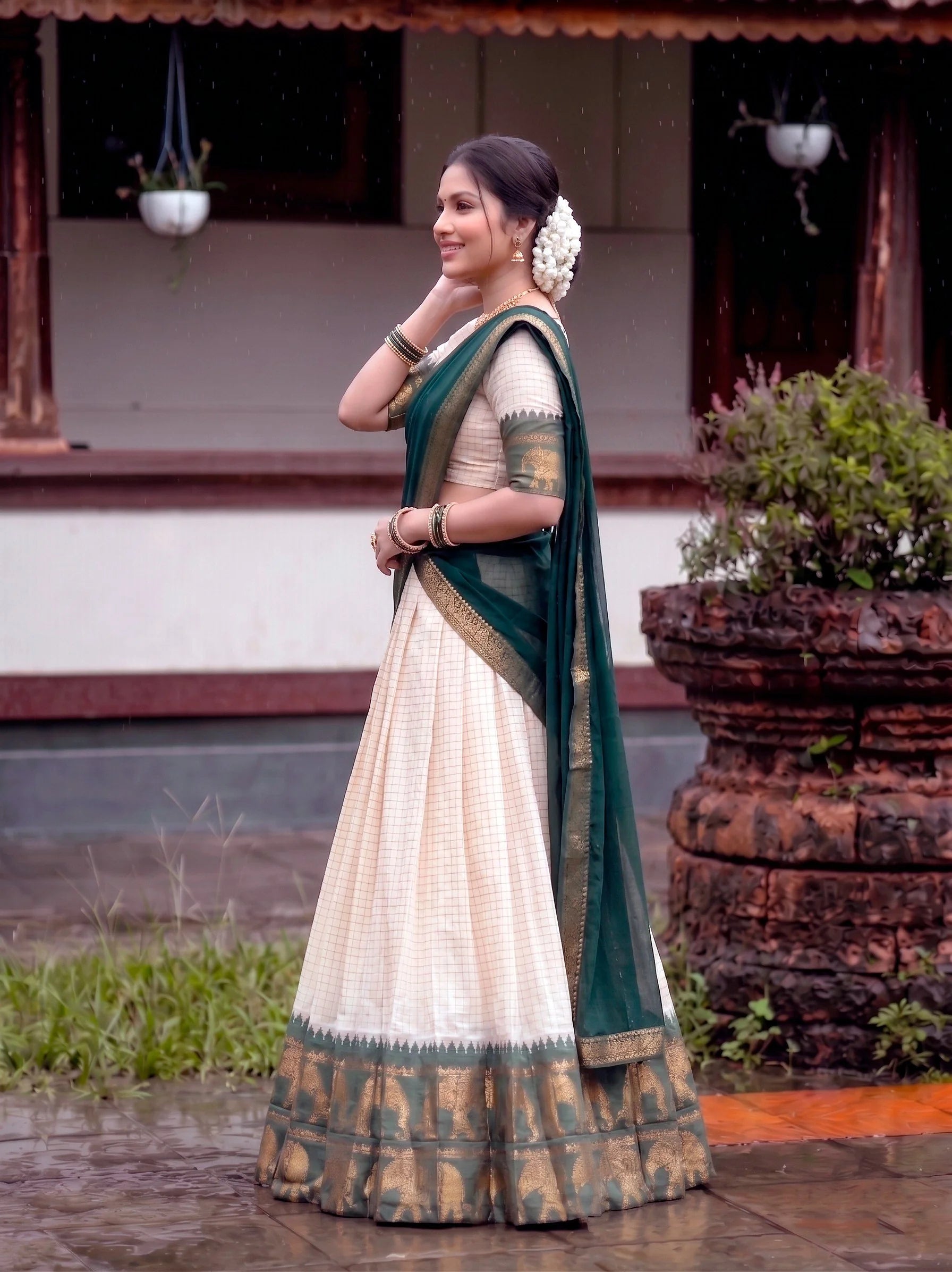Cream poly cotton lehenga dark brown front view traditional look