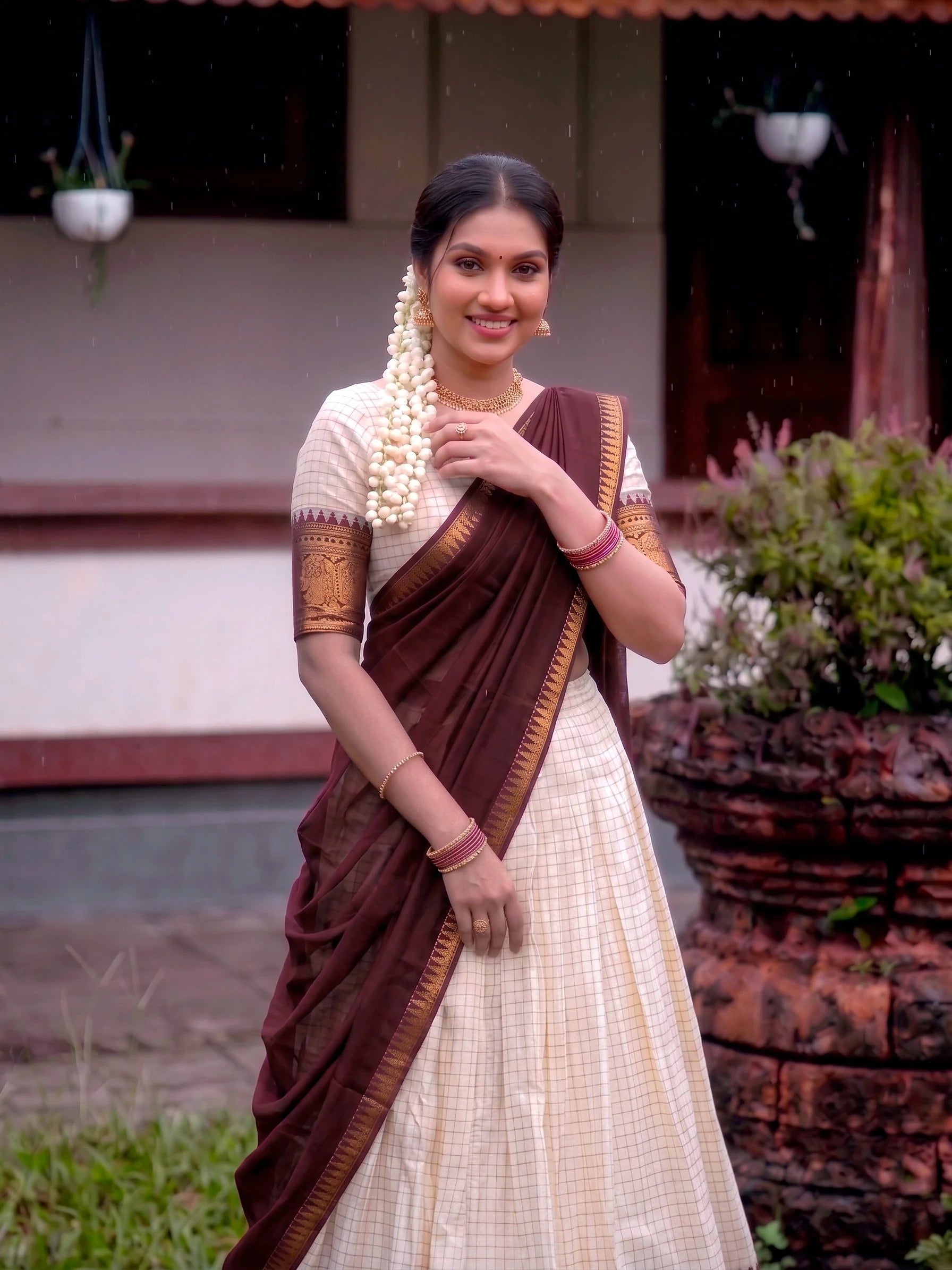 Cream poly cotton lehenga dark brown full length with gold elephant border