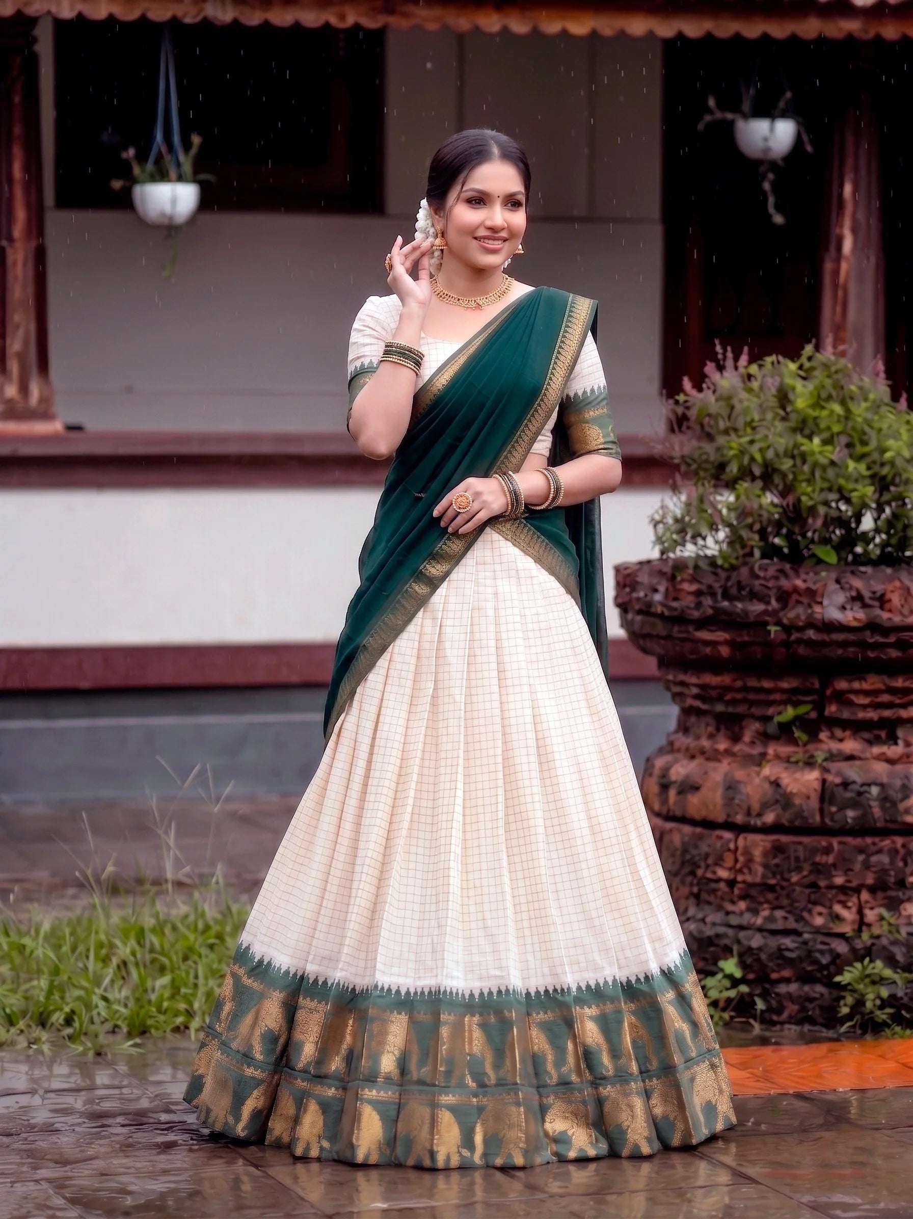 Cream poly cotton lehenga green border full front view with dupatta