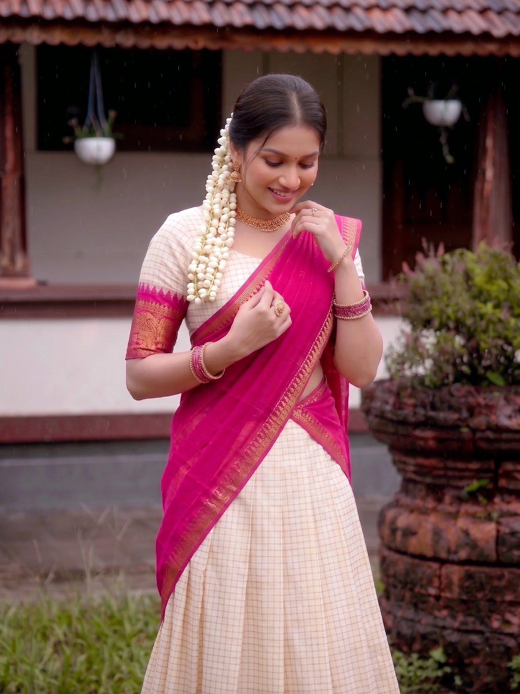 Cream poly cotton lehenga green full length front view outdoor