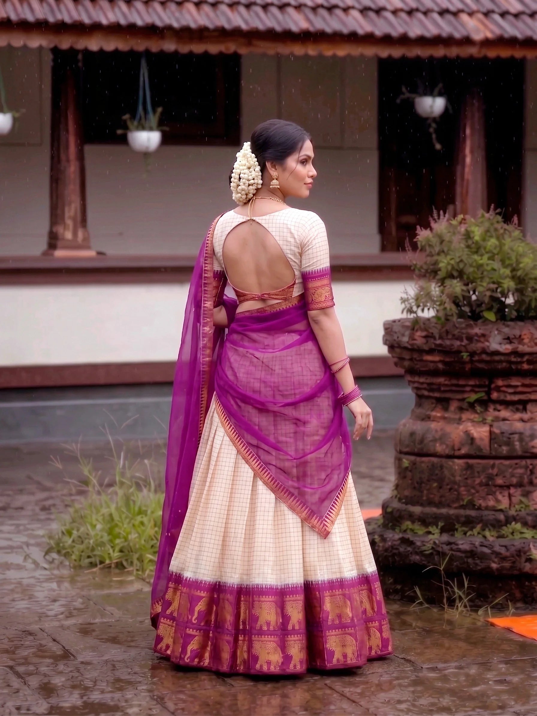 Cream poly cotton lehenga purple elephant motif border back view