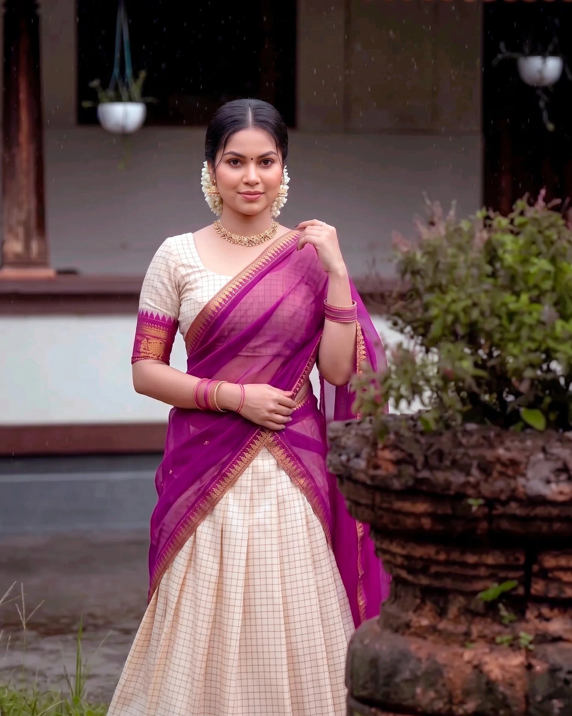 Cream poly cotton lehenga purple front view with georgette dupatta