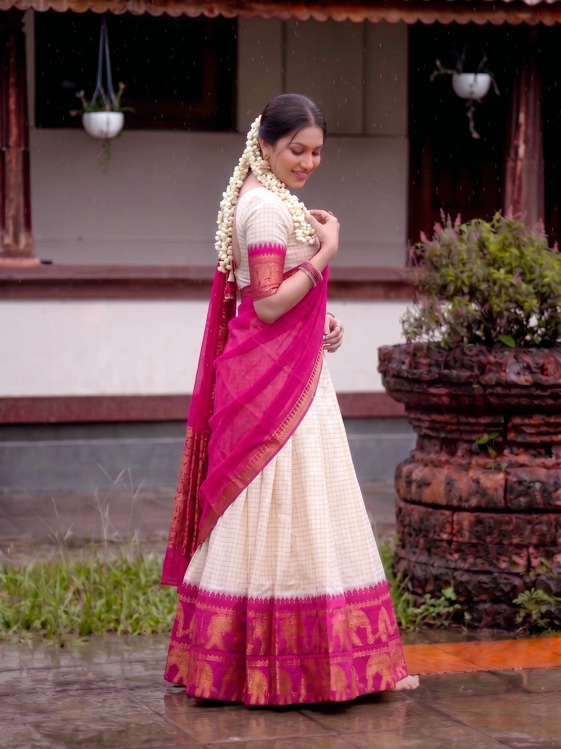 Cream poly cotton lehenga rani pink full front view festive occasion