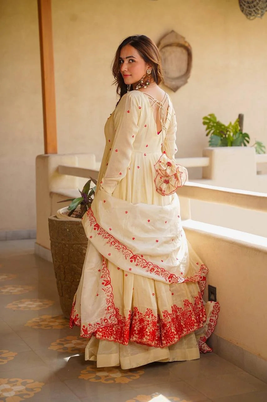 Cream silk anarkali set back view open back cross lace tie Chicorawear