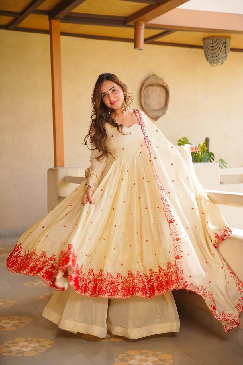 Cream anarkali sharara set flair view red floral embroidery hem Chicorawear