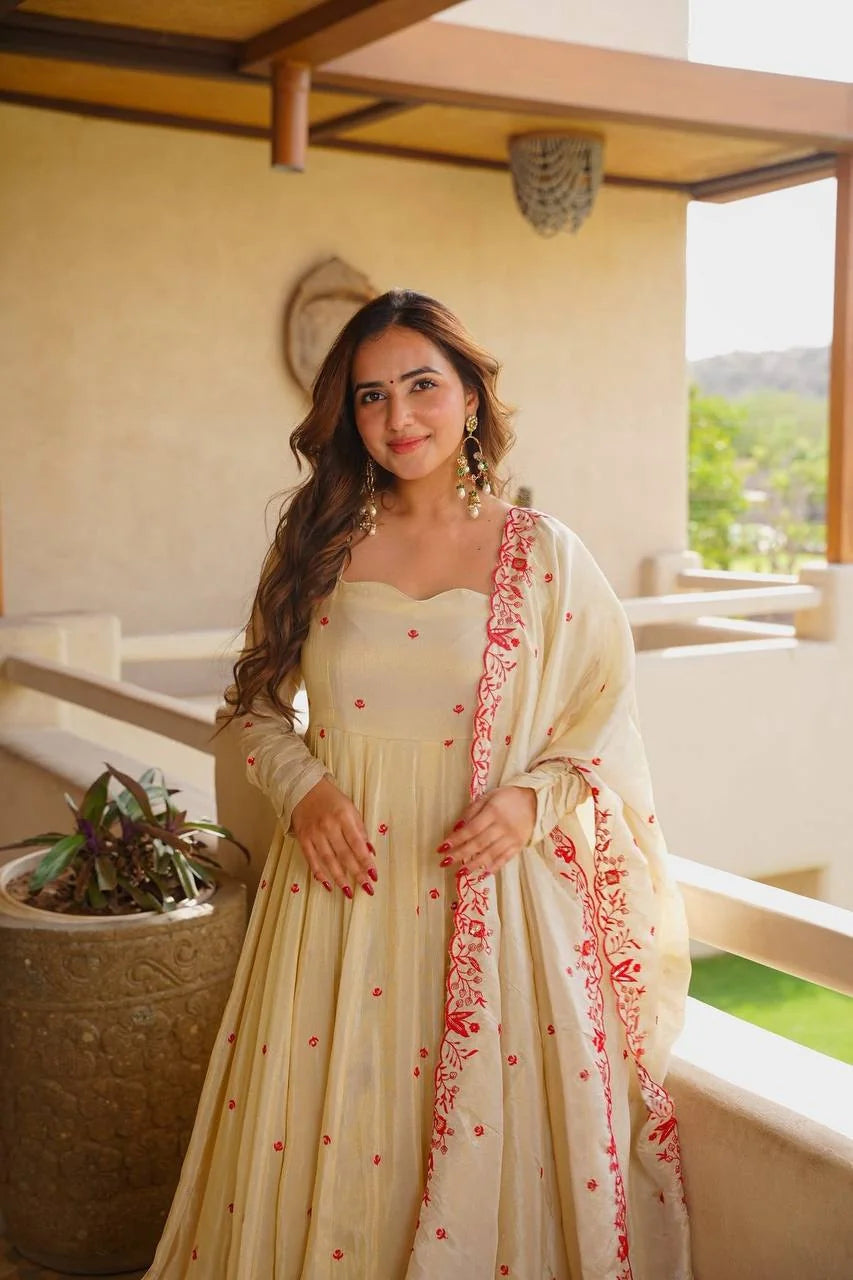 Cream silk anarkali sharara set front view red sequin embroidery Chicorawear