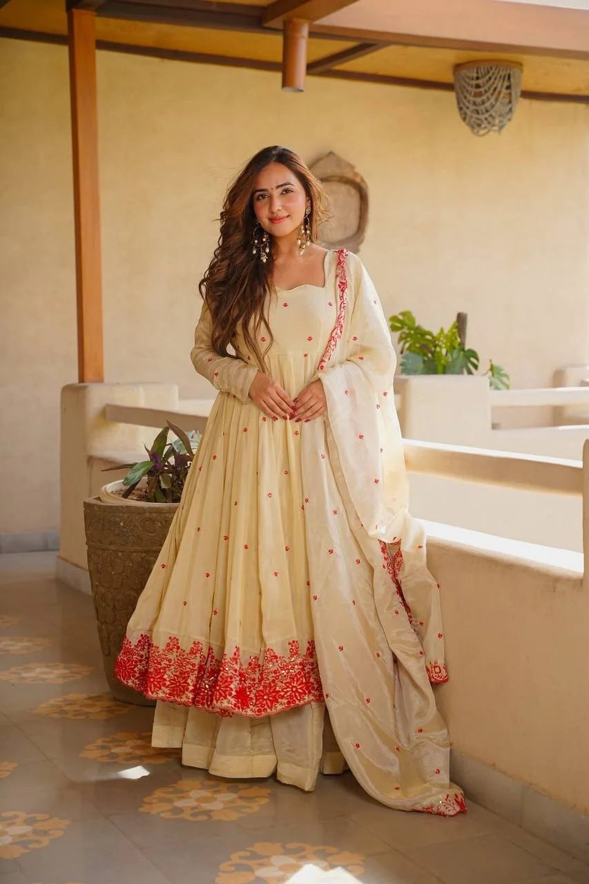 Cream silk anarkali set full length with dupatta festive Chicorawear