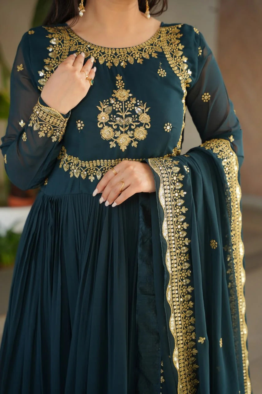 dark teal anarkali gown bodice zari sequin embroidery detail