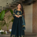 dark teal anarkali gown dupatta draped side view