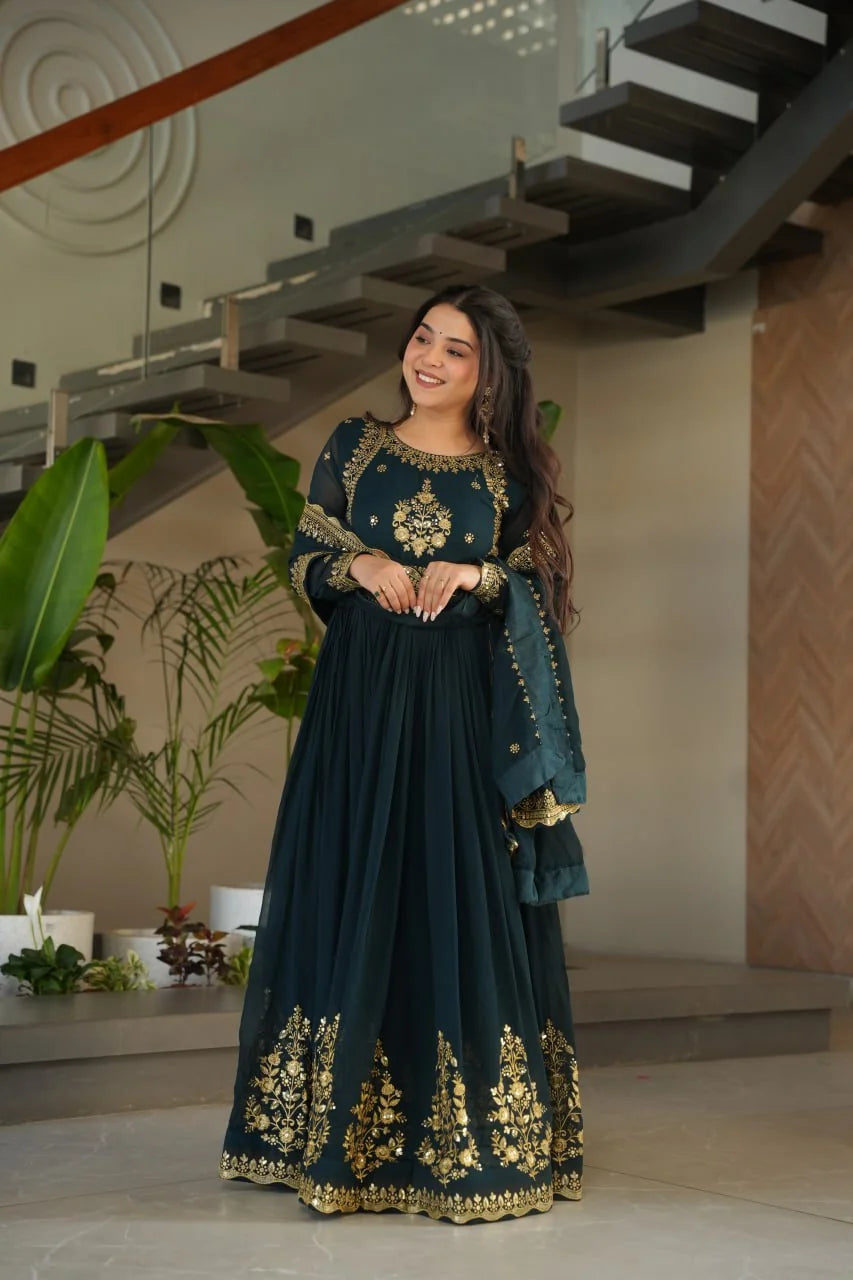 dark teal anarkali gown dupatta draped side view