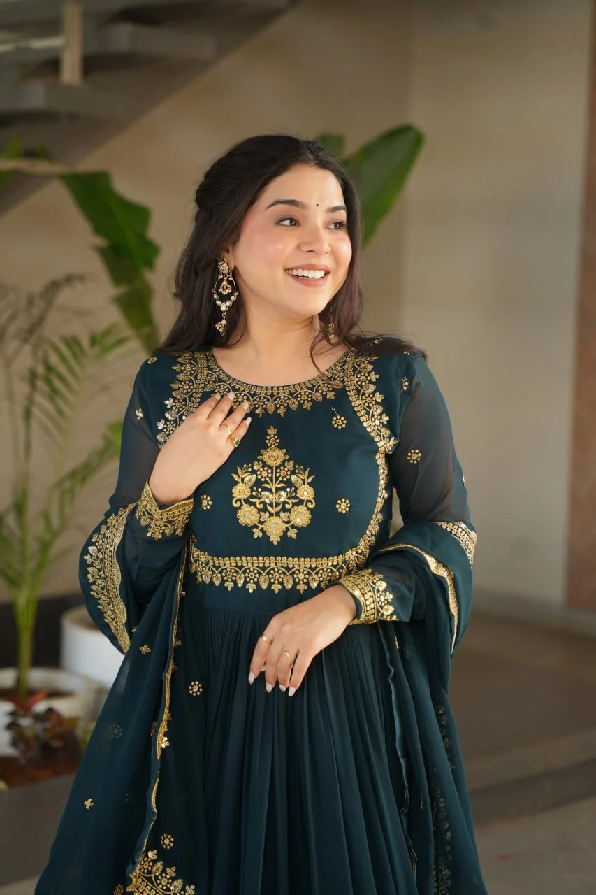 dark teal anarkali gown front view full length