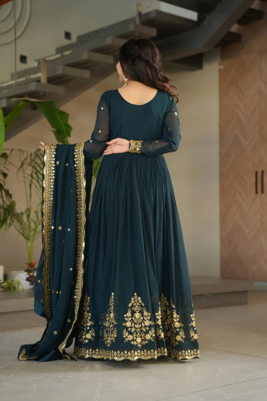 dark teal anarkali gown with dupatta back view