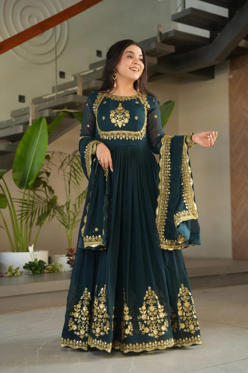 dark teal anarkali gown with dupatta festive wear