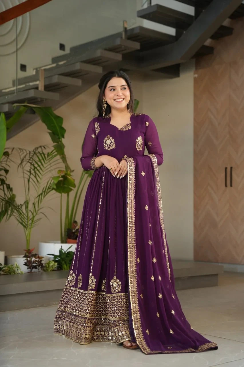 Faux blooming designer anarkali gown purple front standing pose embroidery Chicora Wear