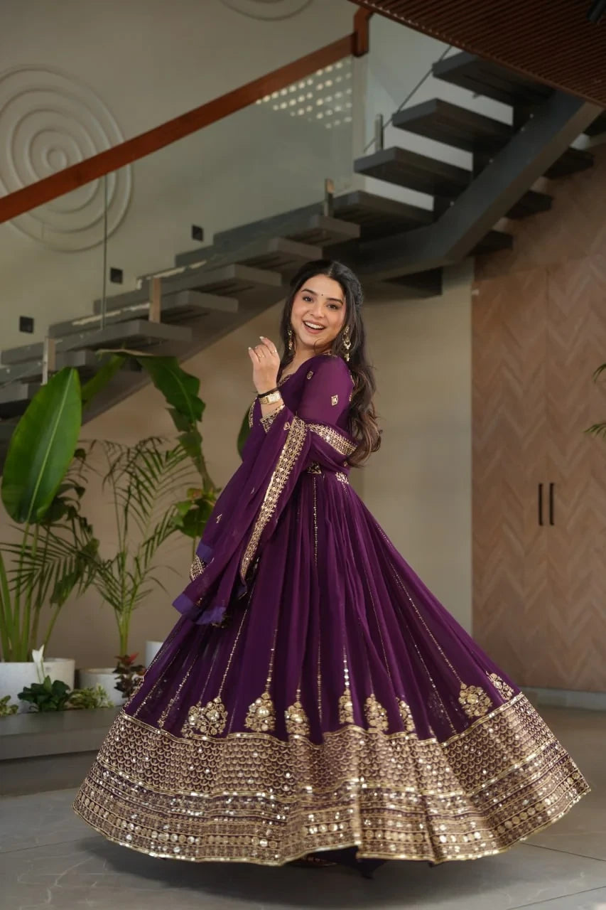 Purple designer anarkali gown 3 metre kali flair heavy zari sequin mirror embroidery hem