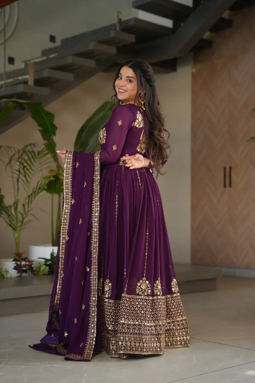 Purple faux blooming anarkali gown side back view dupatta zari embroidery Chicora Wear
