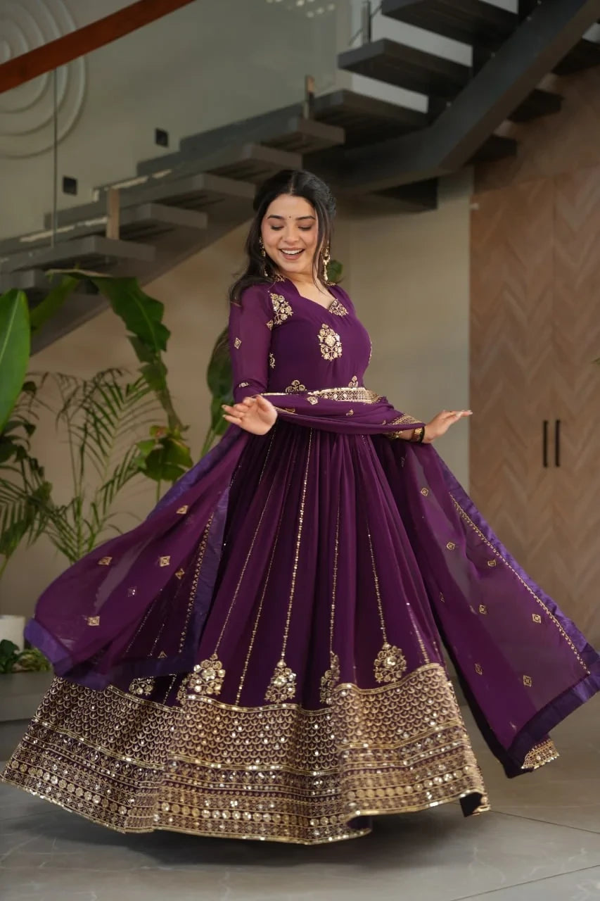 Purple designer anarkali gown with dupatta full kali flair twirl wedding festive
