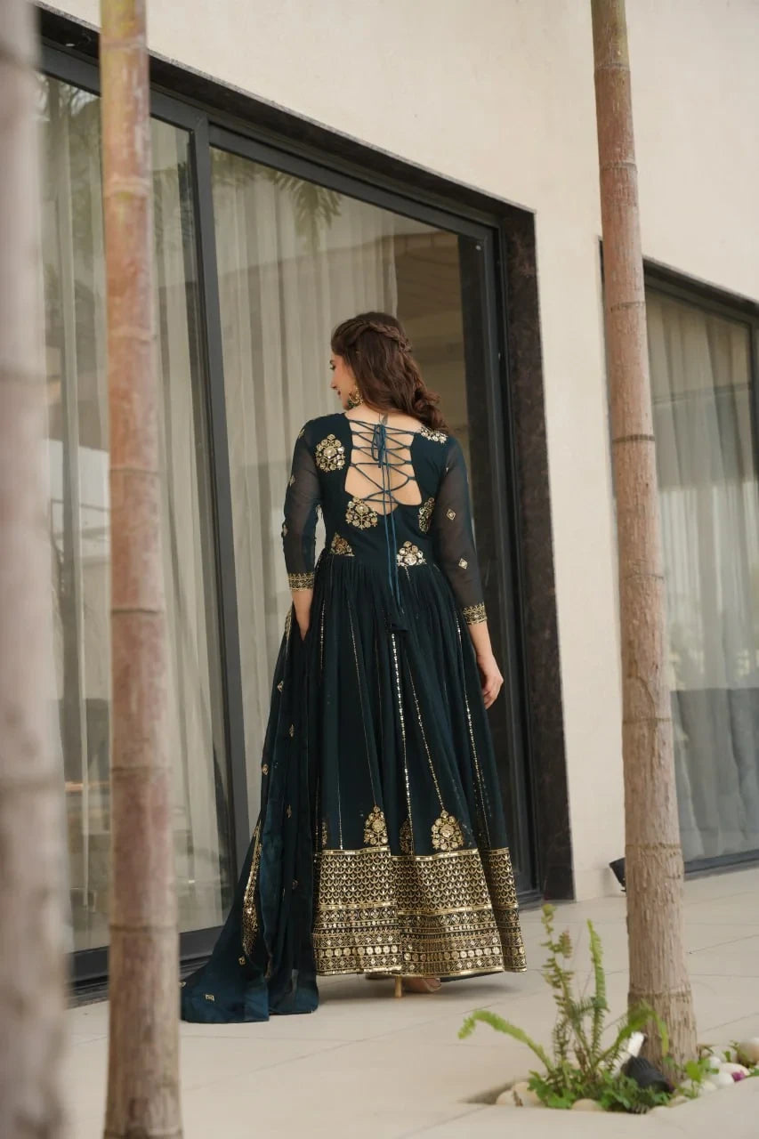 Teal faux blooming anarkali gown fancy back open lace detail kali flair back view