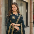 Teal designer anarkali gown with dupatta pan neck gold zari embroidery front view Chicora Wear
