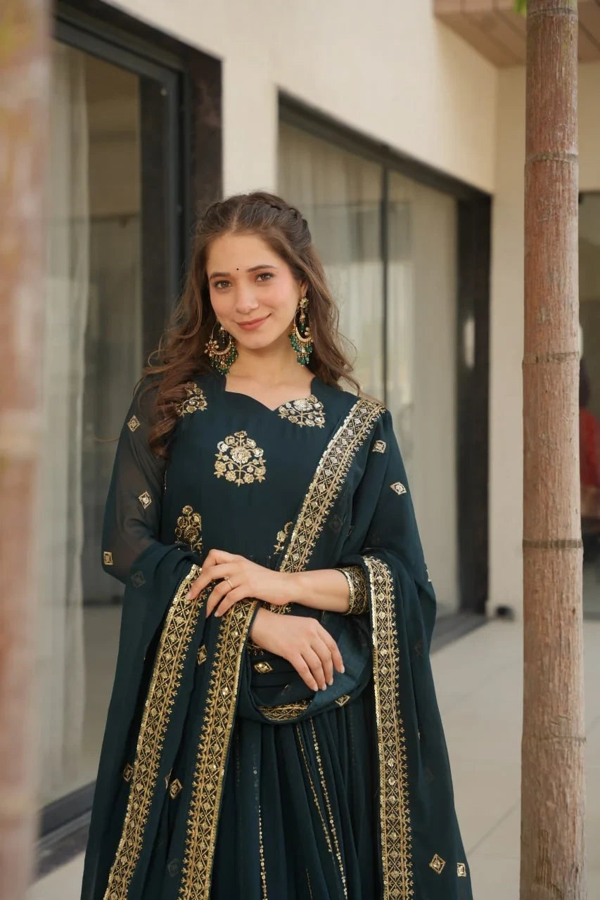 Teal designer anarkali gown with dupatta pan neck gold zari embroidery front view Chicora Wear